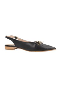 Scarpa slingback in pelle nera con punta appuntita, dettagli decorativi in oro e tacco basso in legno. Presenta cuciture decorative sulla parte superiore.