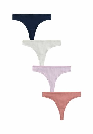 Vier paren damesstringetjes in marineblauw, wit, lichtpaars en roze. Gemaakt van zachte katoen met een gladde textuur en een minimalistisch ontwerp.