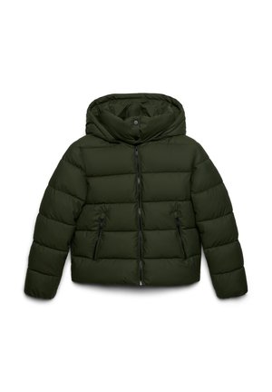 Doudoune vert foncé avec capuche, fermeture éclair à l'avant et deux poches latérales. Présente un design matelassé avec une texture douce et rembourrée.