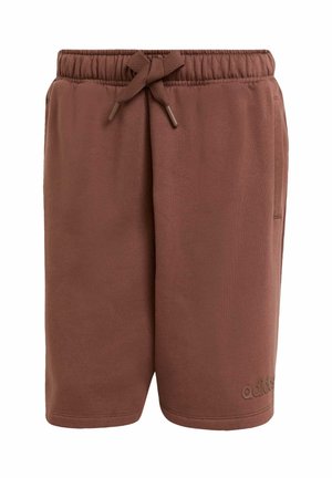 Brown cotton shorts with an elastic waistband and adjustable drawstring. Features side pockets and embossed logo at the hem.