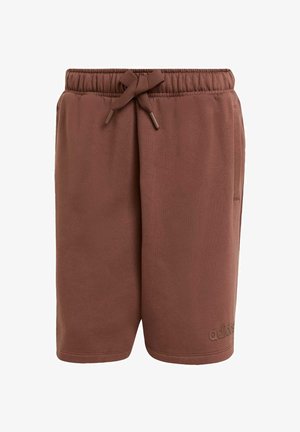 Pantalones cortos de algodón marrón con cintura elástica y cordón ajustable. Cuenta con bolsillos laterales y un logo en relieve en el dobladillo.