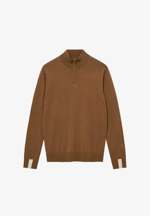Suéter marrón de media cremallera con cuello y puños acanalados, que presenta un detalle de franjas blancas en cada puño de las mangas.