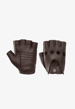 Rudos odinės pirštinės be pirštų, pasižyminčios trimis horizontaliomis juostelėmis, perforuotu dekoru ir atvira riešo dalimi su mygtuku.