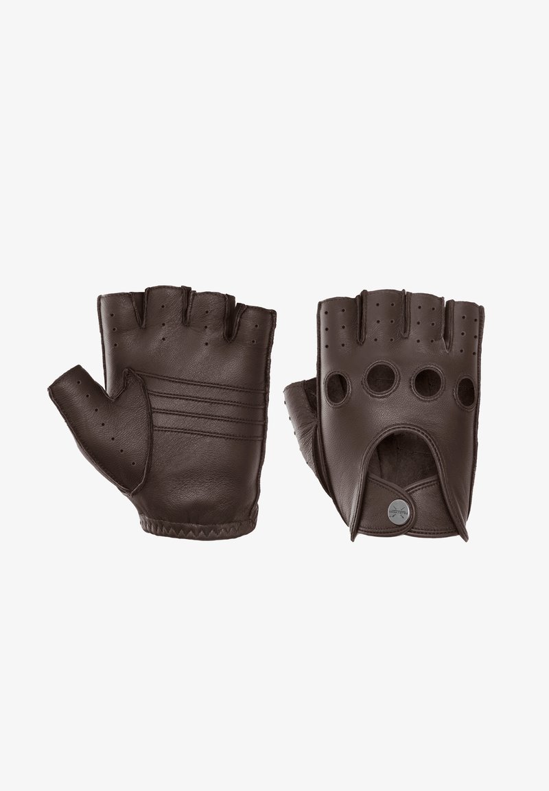 Rudos odinės pirštinės be pirštų, pasižyminčios trimis horizontaliomis juostelėmis, perforuotu dekoru ir atvira riešo dalimi su mygtuku.