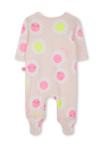Romper rosa chiaro con margherite bianche dai volti sorridenti, accentuato con fiori neon rosa e gialli, in morbido cotone e con chiusure a scatto.