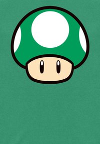 Zelená houba s velkým bílým kloboukem, na kterém jsou dvě bílé tečky a světle hnědý základ. Jednoduchý, kreslený design na jednolitém zeleném pozadí.