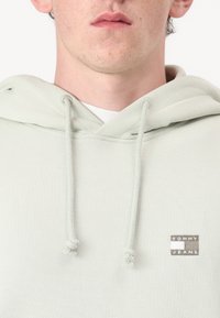 Hellgrüner Hoodie mit strukturiertem Finish. Verfügt über eine vordere Kängurutasche und ein silbernes Logo-Patch mit der Aufschrift "TOMMY JEANS" auf der Brust.