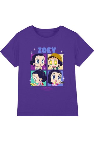 Purple T-shirt with four colorful cartoon panels of a girl named Zoey showing different expressions and activities.