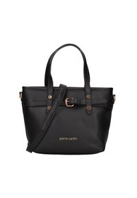 Borsa a mano in pelle nera con accenti in metallo dorato, manici superiori doppi e tracolla regolabile. Presenta il logo del marchio stampato sul frontale.