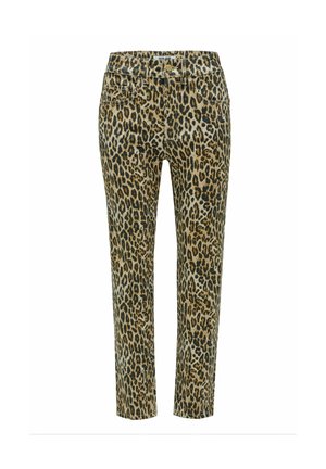 Jeans con estampado de leopardo que presentan un diseño ajustado, cierre de botón metálico, estilo de cinco bolsillos y una tela texturizada. La combinación de colores incluye tonos marrones y negros.