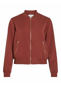 Burgunderfarbene Bomberjacke mit Reißverschluss vorne, zwei seitlichen Taschen, geripptem Saum und Bündchen; glattes Material mit einem minimalistischen, modernen Design.
