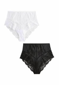 Culotte en dentelle taille haute en blanc et noir. Dotée d'une délicate bordure en dentelle florale et d'une ceinture lisse. Matière douce et extensible.