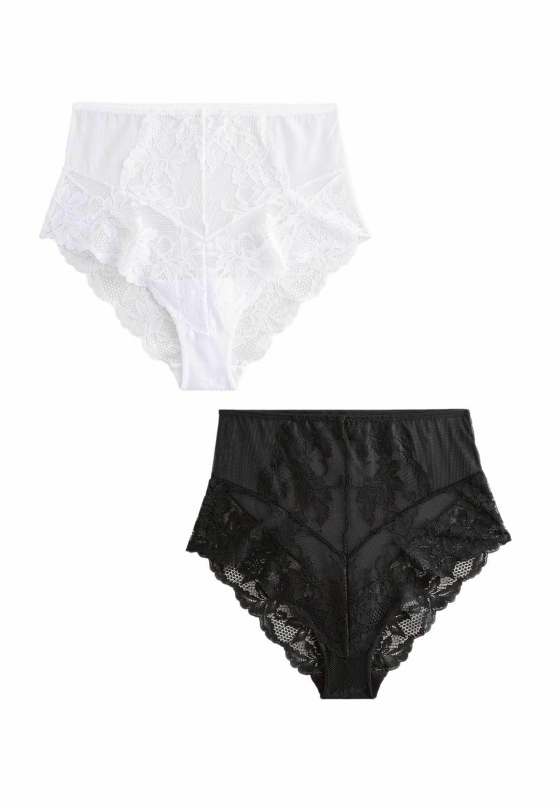 Culotte en dentelle taille haute en blanc et noir. Dotée d'une délicate bordure en dentelle florale et d'une ceinture lisse. Matière douce et extensible.