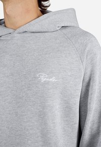 Lys grå hættetrøje med snorhætte, raglanærmer og et hvidt broderet logo. Blødt stof med en glat tekstur.