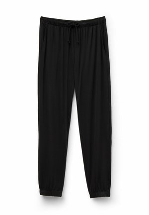 Pantalones jogger negros hechos de tela suave; cuentan con una cinturilla elástica con cordón, bolsillos laterales y puños elásticos en los tobillos.