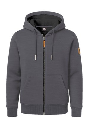 Gray zip-up hoodie made of soft fabric, featuring a drawstring hood, two front pockets, and ribbed cuffs. Includes brand logo patch.
