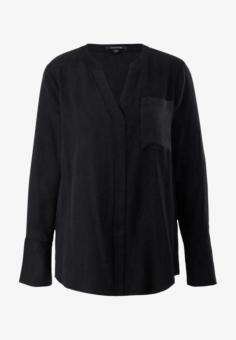 Blouse noire à manches longues avec un col en V, une poche avant et des poignets boutonnés. Fabriquée dans un tissu lisse avec une finition mate.