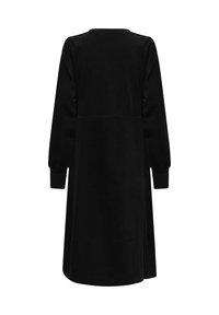 Abito in corduroy nero con maniche lunghe, scollo a girocollo e taglio a ginocchio. Presenta una texture liscia e una leggera lucentezza.