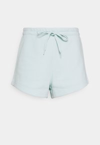 Shorts in cotone morbido di un blu chiaro, con vita elasticizzata e cordino. Presentano un orlo svasato e una texture liscia.