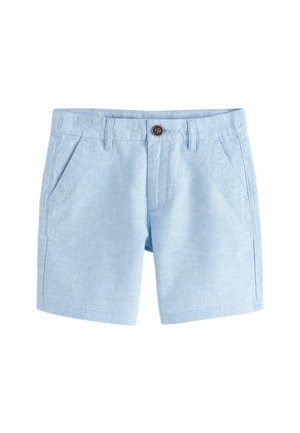 Lyseblå shorts lavet af et tekstureret stof, med to forlommer og en enkelt brun knaplukning i taljen.