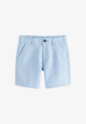 Vaaleansiniset shortsit, jotka on valmistettu teksturoidusta kankaasta. Niissä on kaksi etutaskua ja vyötäröllä yksittäinen ruskea nappi.