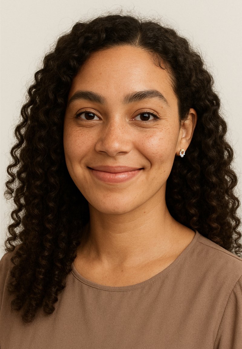 Kvinde med krøllet, mørkebrunt hår, iført en brun top. Hun har små blomsterøreringe og et naturligt makeup-look med et subtilt smil.