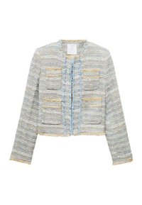 Cropped jacket in light blue and beige tweed, featuring four patch pockets, frayed edges, and textured fabric with vertical stripes.