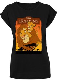 Svart t-skjorte med kort erm som har et fargerikt grafikkmotiv fra "Løvenes konge" med Simba og Mufasa foran en oransje-gul solnedgang.
