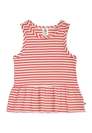 Bez rękawów, różowo-biały prążkowany top z falbanką u dołu, z okrągłym dekoltem i małą metką marki z tyłu kołnierza.
