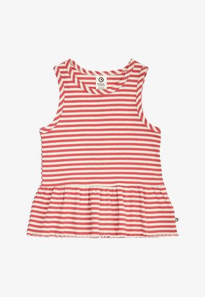 Mouwloze roze-wit gestreepte geribbelde top met een gerimpelde zoom, ronde halslijn en een klein merklabel aan de achternek.