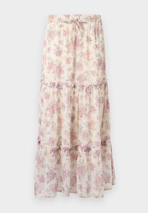 Ilgas kreminės spalvos sijonas su rožinės ir violetinės gėlių spauda, sluoksniuotu raukiniais ir elastiniu juosmeniu su raišteliu.