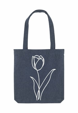 Donkerblauwe draagtas met lange handvatten en een witte lijntekening van een enkele tulp met steel en bladeren.