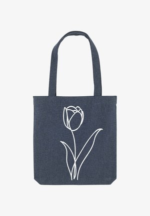 Donkerblauwe draagtas met lange handvatten en een witte lijntekening van een enkele tulp met steel en bladeren.