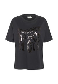 Schwarzes T-Shirt mit kurzen Ärmeln, das glänzenden Text trägt, der "WENN ZWEIFEL BESTEHT, TANZE ES HINAUS" sagt. Weicher Stoff mit lockerer Passform.