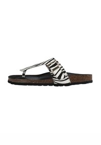 Mustavalkoraidallinen flip-flop sandaali, jossa on korkkinen välipohja, kuminen ulkopohja ja koristeellinen solki hihnassa.