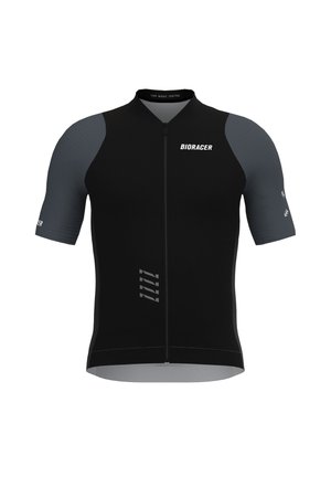 Maillot de cyclisme à manches courtes en noir avec des accents gris, doté d'une fermeture éclair à l'avant et du logo 'BIORACER' sur la poitrine gauche et les manches.