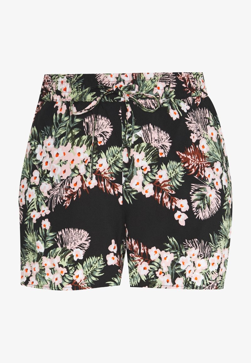 Květinové šortky s černým pozadím, které mají zelené listy, růžové a bílé květiny, a stahovací pas. Lehká tkanina.