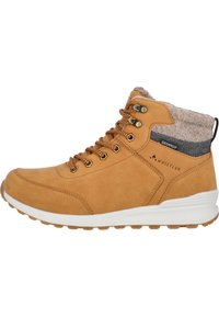 Botte de cheville en cuir tan imperméable avec col en feutre gris, œillets en métal et semelle en caoutchouc texturé. Présente des lacets hexagonaux et ronds.