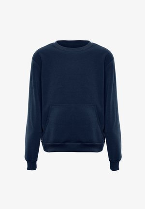 Námořnický modrý svetr, vyrobený ze směsového bavlněného materiálu, má dlouhé rukávy, kulatý výstřih a přední klokaní kapsu s ribbovaným lemem.