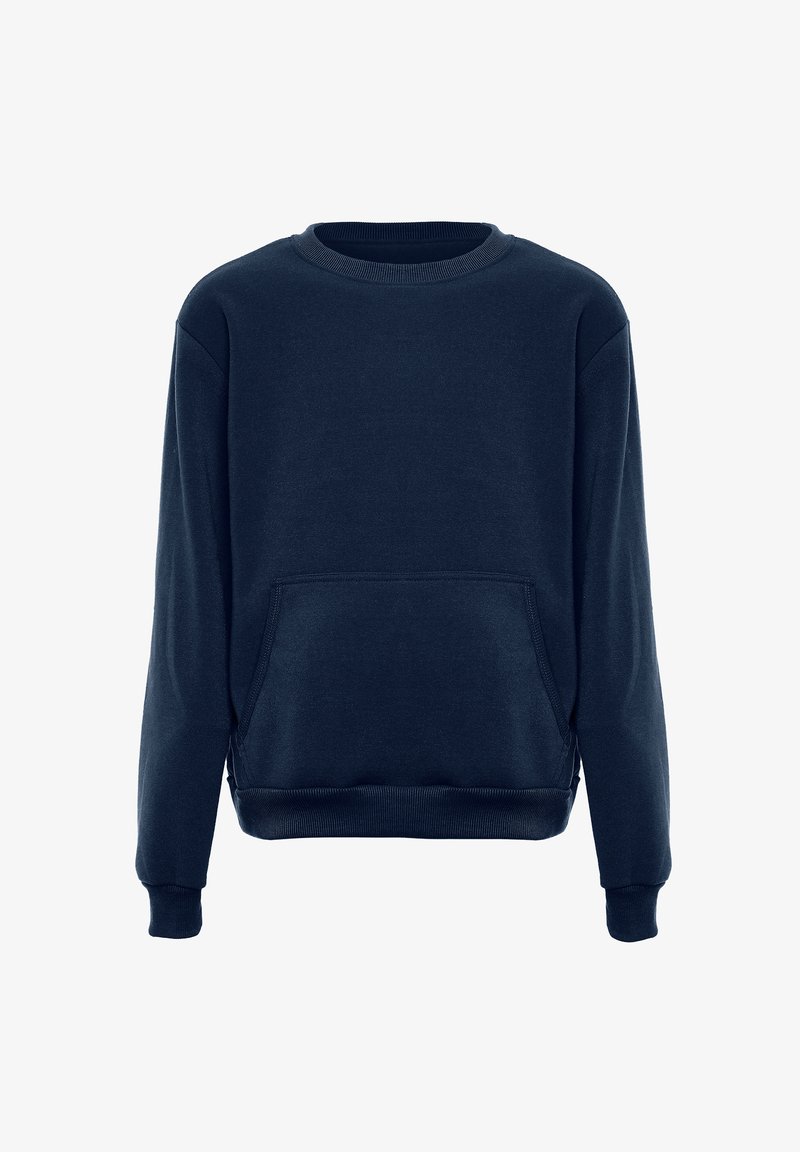 Felpa blu navy, realizzata in tessuto misto cotone, presenta maniche lunghe, collo a giro e una tasca anteriore a soffietto con orlo a coste.