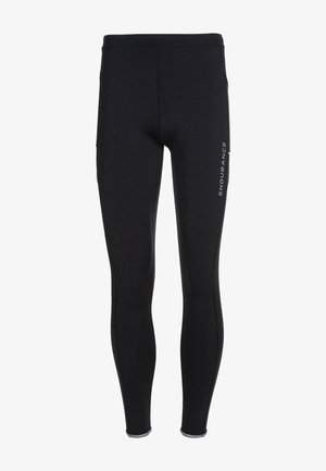 Schwarze sportliche Leggings mit glatter Textur, die ein figurbetontes Design aufweisen und das Wort "ENDURANCE" in Weiß an der Seite gedruckt haben.