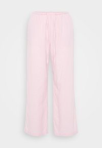 Pantaloni ampi rosa chiaro realizzati in tessuto morbido, dotati di una vita elasticizzata con cordoncino. Texture liscia, taglio dritto, senza fantasie.