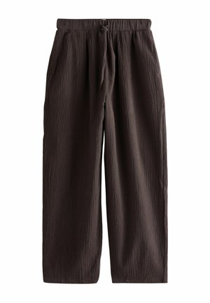 Donkerbruine, gestructureerde broek met wijde pijpen, elastische tailleband en verstelbaar trekkoord, casual ontspannen pasvorm.