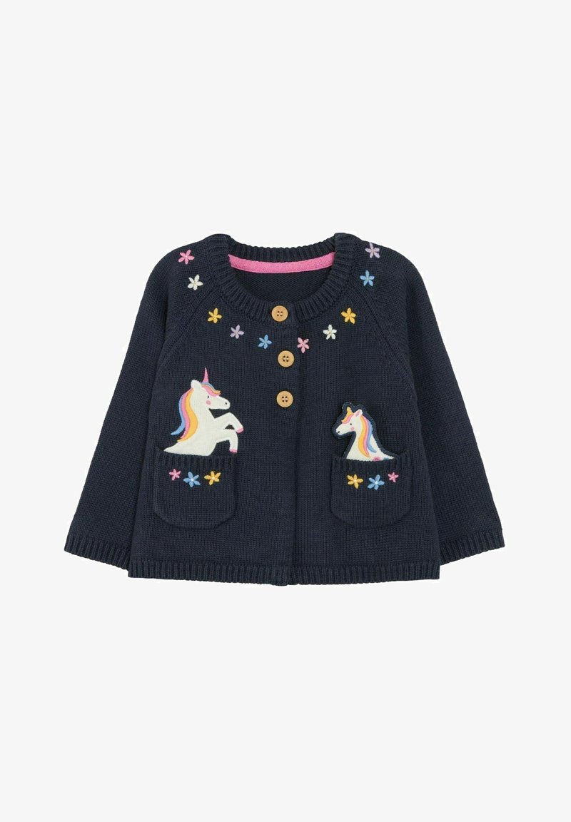 Cárdigan de punto en color navy con cuello redondo, botones de madera y dos bolsillos. Presenta aplicaciones de unicornios y bordados florales coloridos.