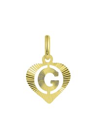 Goudkleurige metalen hartvormige hanger met een centraal uitgesneden letter "G" en stralende lijn details rondom de rand.