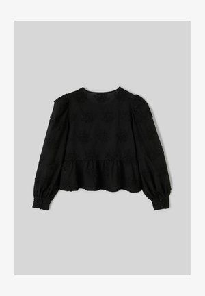 Blouse péplum noire avec manches longues bouffantes, ornée de broderies florales sur toute la surface, avec des poignets à boutons, fabriquée en tissu texturé.