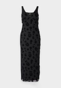 Μαύρο αμάνικο φόρεμα με λουλουδάτο βελούδινο μοτίβο, εφαρμοστή σιλουέτα και μακρύ μήκος, με ελαφρώς διάφανη πινελιά στο στρίφωμα.