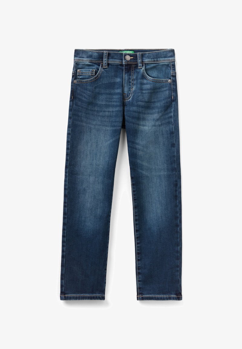 Donkerblauwe denim jeans met een recht gesneden ontwerp, voorzien van vijf zakken, zichtbare stiksels en een lichte vervaging.