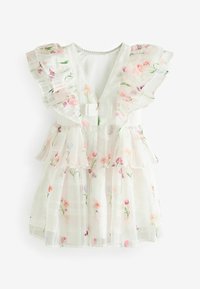 Weißes Kleid mit Blumenmustern in Pink und Lila. Verfügt über Rüschenärmel, einen V-Ausschnitt und geschichtete Ebenen. Strukturierter, transparenter Stoff.