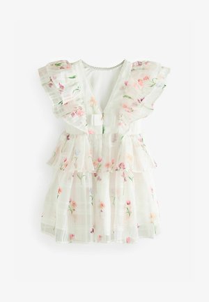 Valge kleit roosade ja lillade lillemustriga. Omab volangkäiseid, V-kaelust ja kihilisi kihti. Tekstureeritud poolläbipaistev kangas.